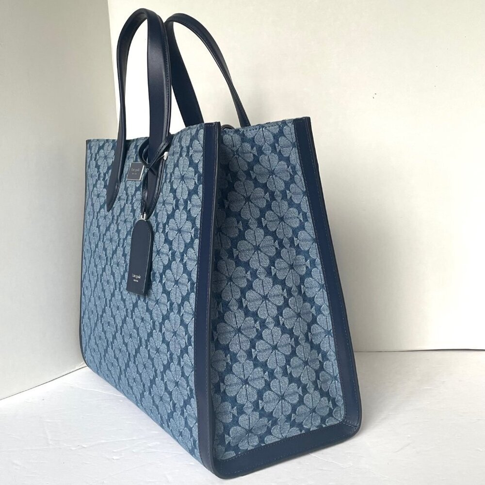 Kate Spade Jacquard Denim Large Manhattan Tote Bag Blue Flower Shoulder Strap - Picture 7 of 13